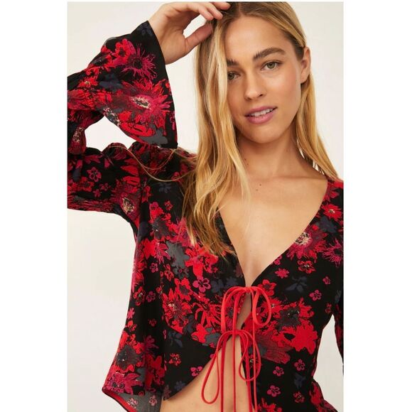 Free People Tops - Free People Venice printed top black and red size medium
